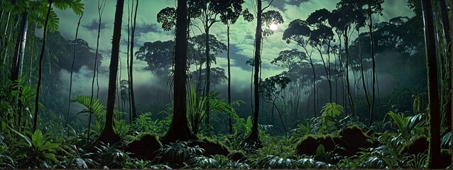 Sunlight streams through dense, lush rainforest, reflecting in a tranquil stream