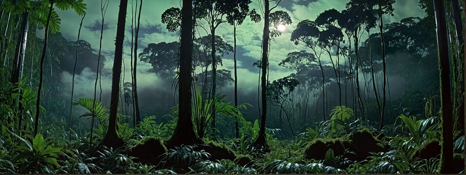 Sunlight streams through dense, lush rainforest, reflecting in a tranquil stream