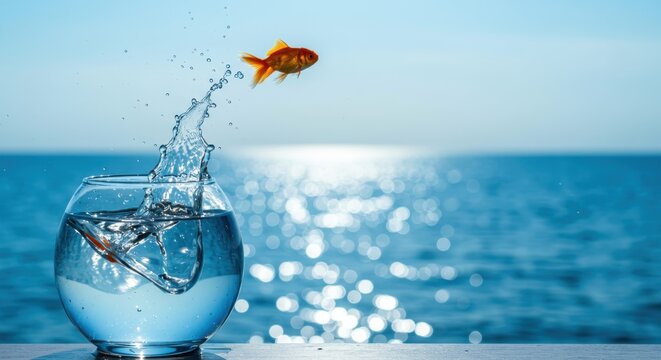 Goldfish Leaping from Bowl into Ocean &ndash; Concept of Freedom, Risk, and Limitless Possibility