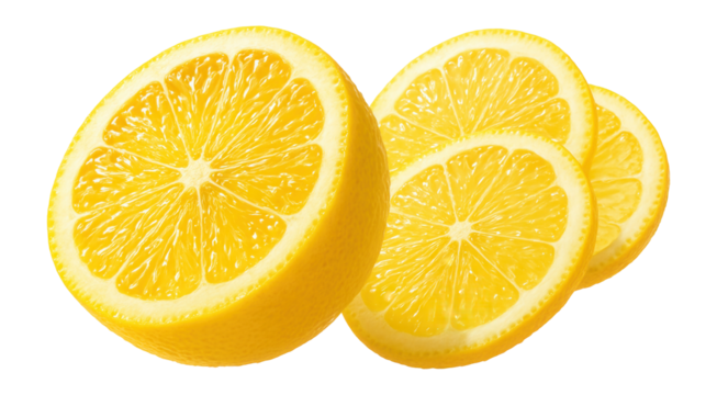 Fresh lemon half and slices showing juicy, vibrant yellow flesh on transparent background.