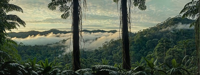 Sunlight streams through dense, lush rainforest, reflecting in a tranquil stream