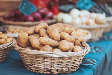 Freshly harvested potatoes displayed in a wicker basket at a local market on a sunny day in autumn