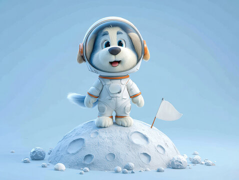 Animated cartoon dog in space suit on moon, white flag with blue design Stylized 3D illustration of whimsical space exploration scene - AI-Generated