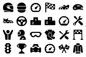 Motorsport Racing Solid Icon Set - F1 Helmet, Speedometer, Checkered Flag, Trophy, Steering Wheel, Racing Car, Traffic Light, Finish Line Vector Icons for Sports Design Projects