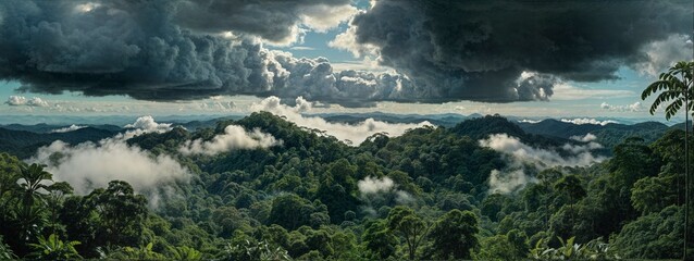 Sunlight streams through dense, lush rainforest, reflecting in a tranquil stream