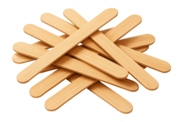A pile of wooden craft sticks arranged in a crisscross pattern on transparent background.