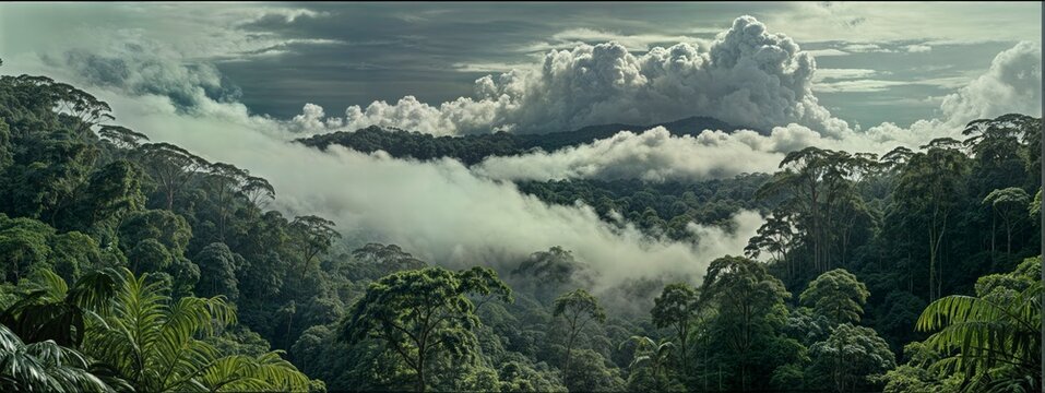 Sunlight streams through dense, lush rainforest, reflecting in a tranquil stream