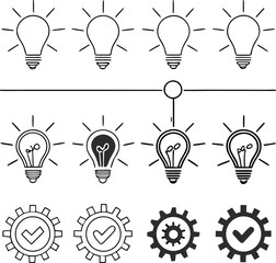 Creative light bulb icons set showcasing innovation and inspiration with bright vector illustrations