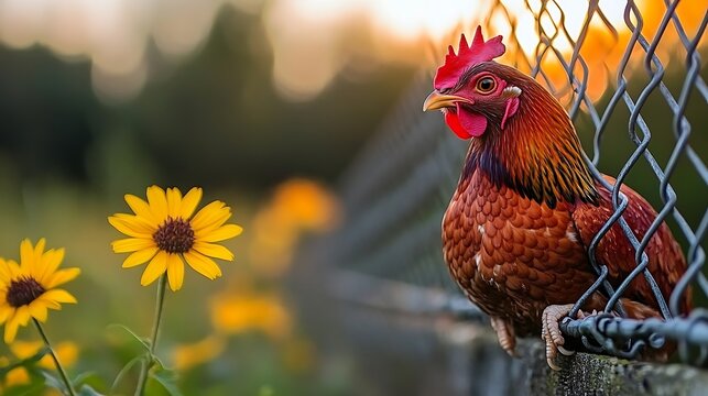 Rooster perched on a wire fence amidst wildflowers.