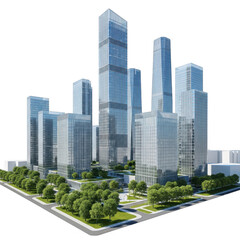Cityscape with modern buildings and trees isolated on transparent background