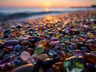 Close-up, high resolution image of a colorful pebble beach at sunset Pebbles vary in shape, size, and color pink, blue, green, yellow, orange, white, black, brown, gray, red, purple - AI-Generated