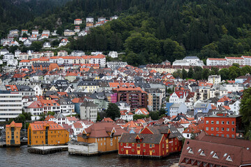 Colorful houses in the city of bergen, aerial view