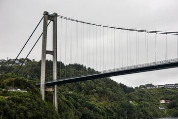 Suspension bridge over the fjord in Bergen, Norway. View from the cruise ship