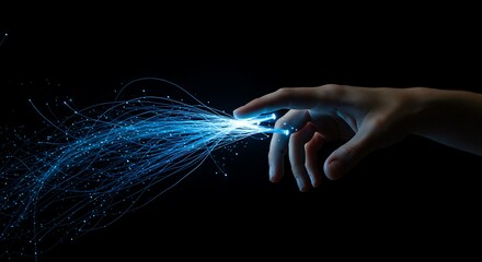 Hand interacting with glowing blue light trails against a dark background