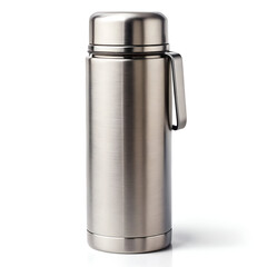 A brushed stainless steel thermos bottle with a handle and cap, isolated on white background, perfect for keeping beverages hot or cold during travel