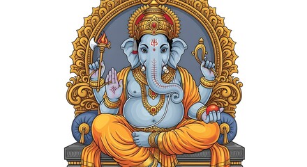 Obraz premium Illustration of lord ganesha with blue skin and orange clothing seated on an ornate throne design