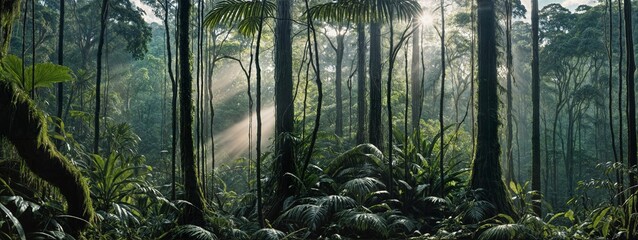 Sunlight streams through dense, lush rainforest, reflecting in a tranquil stream