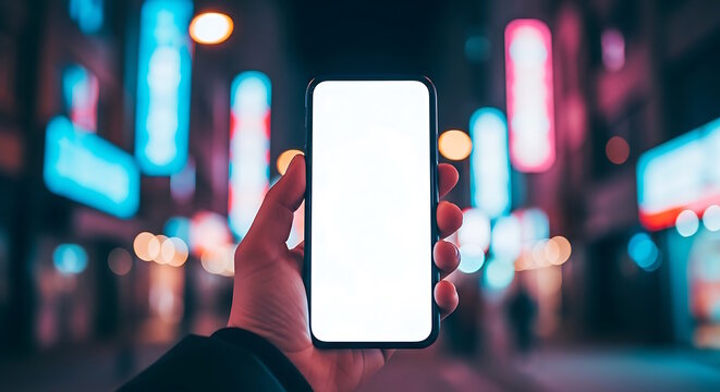 Blank Cellphone screen mockup hold by hand in city night