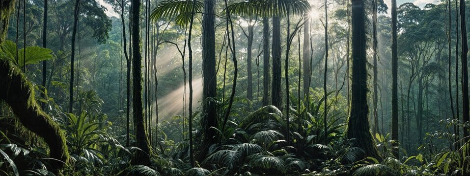 Sunlight streams through dense, lush rainforest, reflecting in a tranquil stream