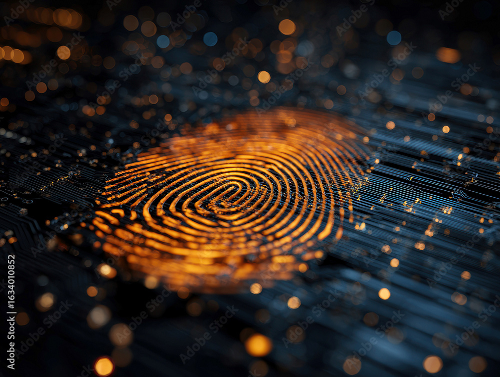 Poster close-up of a glowing, centrally located fingerprint on an orange and blue digital orb against a bla