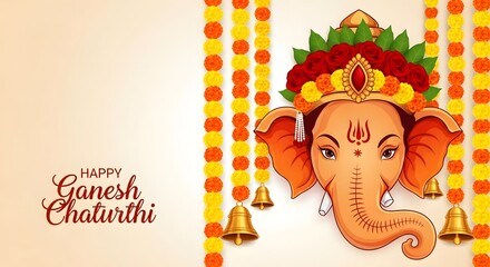 Illustration of lord ganesha with floral decorations and hanging bells for ganesh chaturthi festival