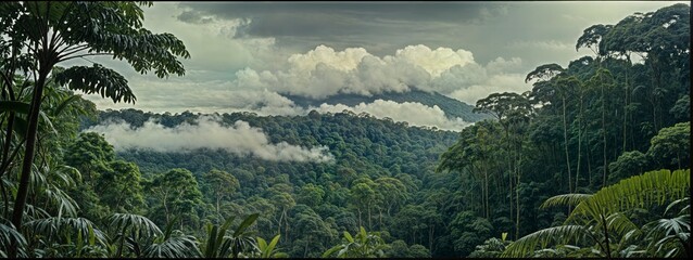 Sunlight streams through dense, lush rainforest, reflecting in a tranquil stream