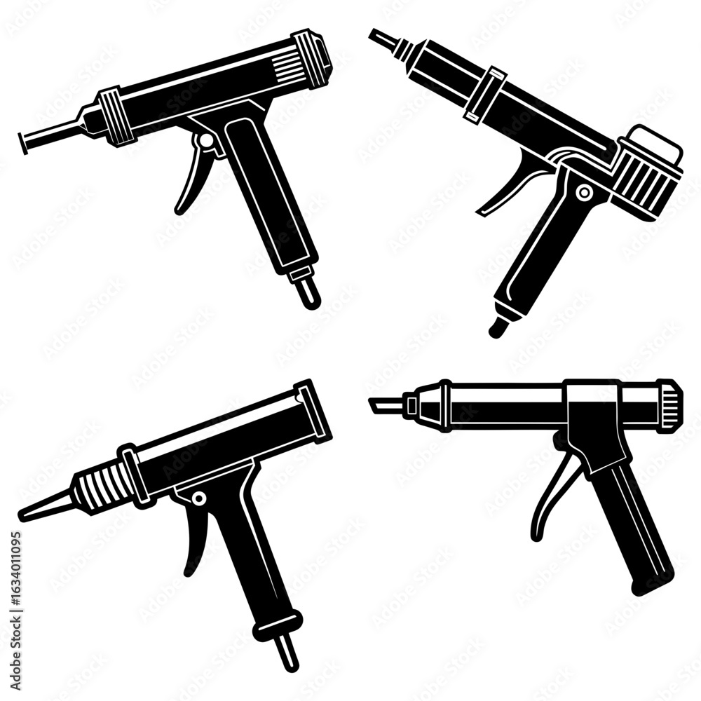 Aufkleber four caulking guns in black and white with trigger mechanisms and nozzles pointing in different dire