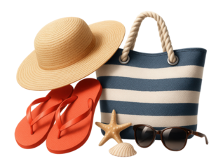 Beach essentials including a straw hat, striped tote bag, orange flip-flops, sunglasses, a starfish, and a seashell on transparent background.