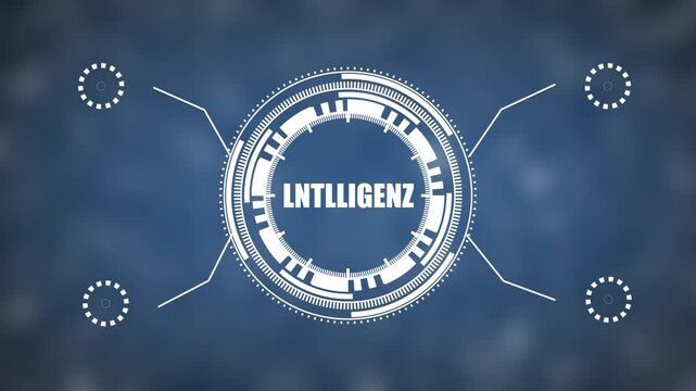 Futuristic H U D element displaying the word intelligence with digital interface and data