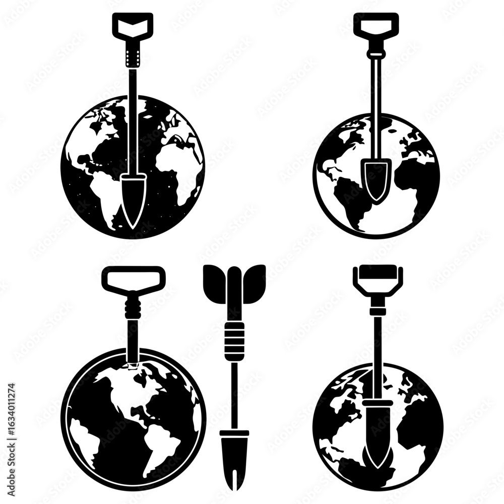 Poster black and white illustration of shovels intersecting with globe and a digging tool design element