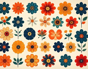 Charming Retro Floral Pattern with Stylized Teal Orange and Red Flowers.