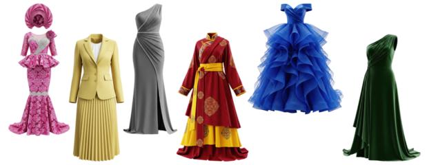 Assorted elegant women's dresses and traditional outfits in vibrant styles, including formal gowns and cultural attire
