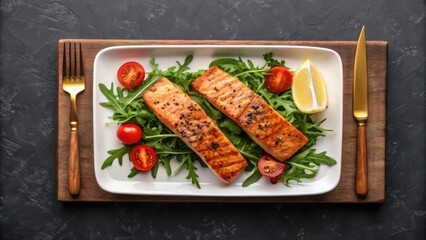 Overhead view of two grilled salmon fillets with cherry tomatoes and a lemon wedge on a bed of greens, arranged on a white plate with cutlery