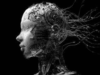 Close-up of an AI robot head, half metal, half wirescircuitry No facial features glowing data streams Black background, lifelike with subtle smile, closed eyes, serene or sleeping i - AI-Generated