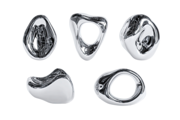 Abstract, metallic, liquid-like forms arranged in a grid pattern.  Smooth, reflective surfaces with organic, irregular shapes.  Six pieces in total