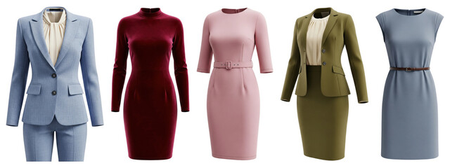 Set of elegant women’s business and formal outfits including tailored suits, sheath dresses, and office wear