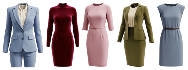 Set of elegant women’s business and formal outfits including tailored suits, sheath dresses, and office wear