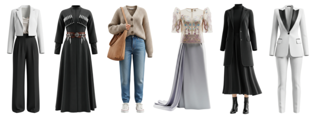 Assorted women’s outfits including casualwear, formal dresses, traditional attire, and modern suits