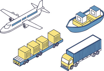 Isometric house transportation icons on a street with city architecture