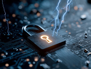 A floating padlock icon on an illuminated circuit board, representing data security in cloud computing The background is dark blue with contrasting light effects and a soft glow - AI-Generated