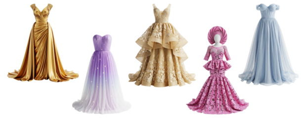 Elegant collection of formal women's gowns in satin, lace, and tulle featuring ballgown, mermaid, and cultural styles