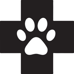 Simple black silhouette of a veterinary clinic icon featuring a cross with a paw print at the center