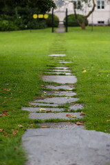 Obraz premium Stone walkway in a garden with grass and fallen leaves on it