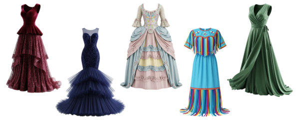 Assorted collection of formal, cultural, and vintage-inspired women’s gowns with lace, ruffles, and colorful patterns