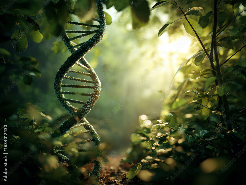 Poster digital art or manipulated photograph showcasing a dna double helix in an overgrown forest, with sun