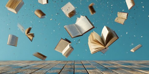A Collection of Open Books in Mid-Air, Pages Flipping, Symbolizing Knowledge and Imagination
