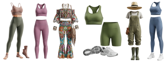 Collection of modern women’s activewear, boho outfit, and casual gardening attire including leggings, crop tops, and overalls