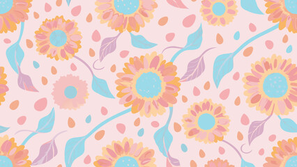 Pastel floral pattern featuring sunflowers leaves and small dots on a light pink background design image