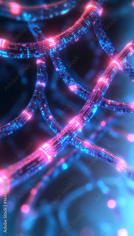 Poster futuristic cyberpunk cityscape with glowing data cables and interconnected digital networks in 3d