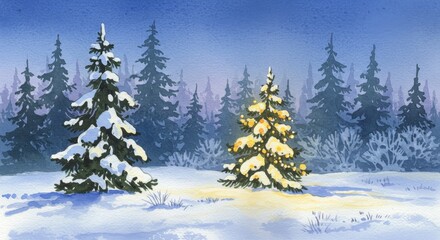 Obraz premium Winter christmas tree with luminous garland in snow forest at night for holiday celebration and greeting card design.